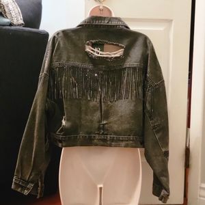 Distressed Crop Jean Jacket With Fringe